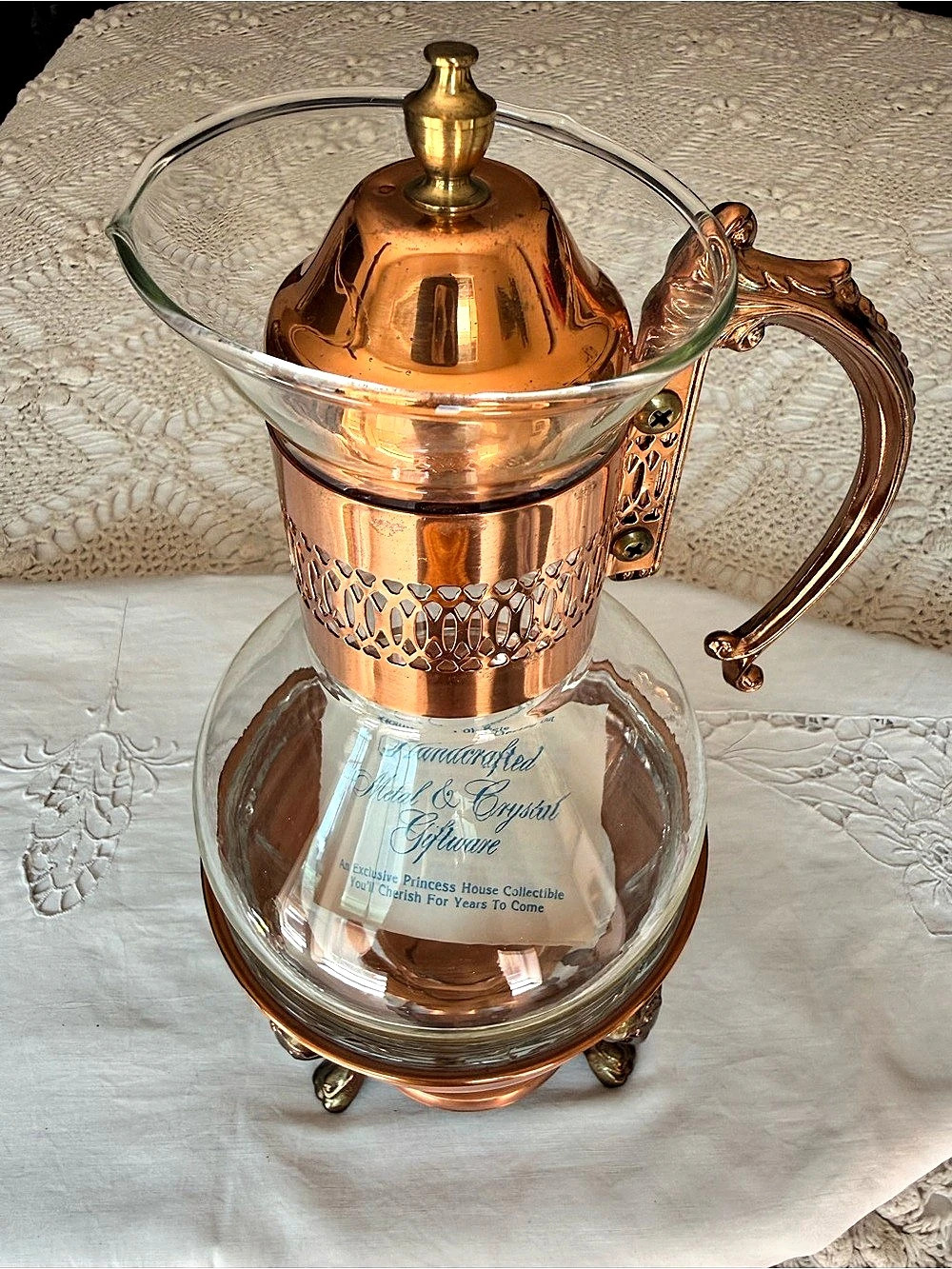 VINTAGE Princess House Heritage Collection Copper & Glass Warming Carafe Set